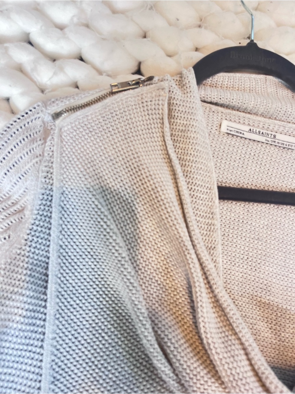 AllSaints Cowl Neck Knit Sweater Jacket | Lightweight Textured Knit | Neutral - Picture 5 of 9